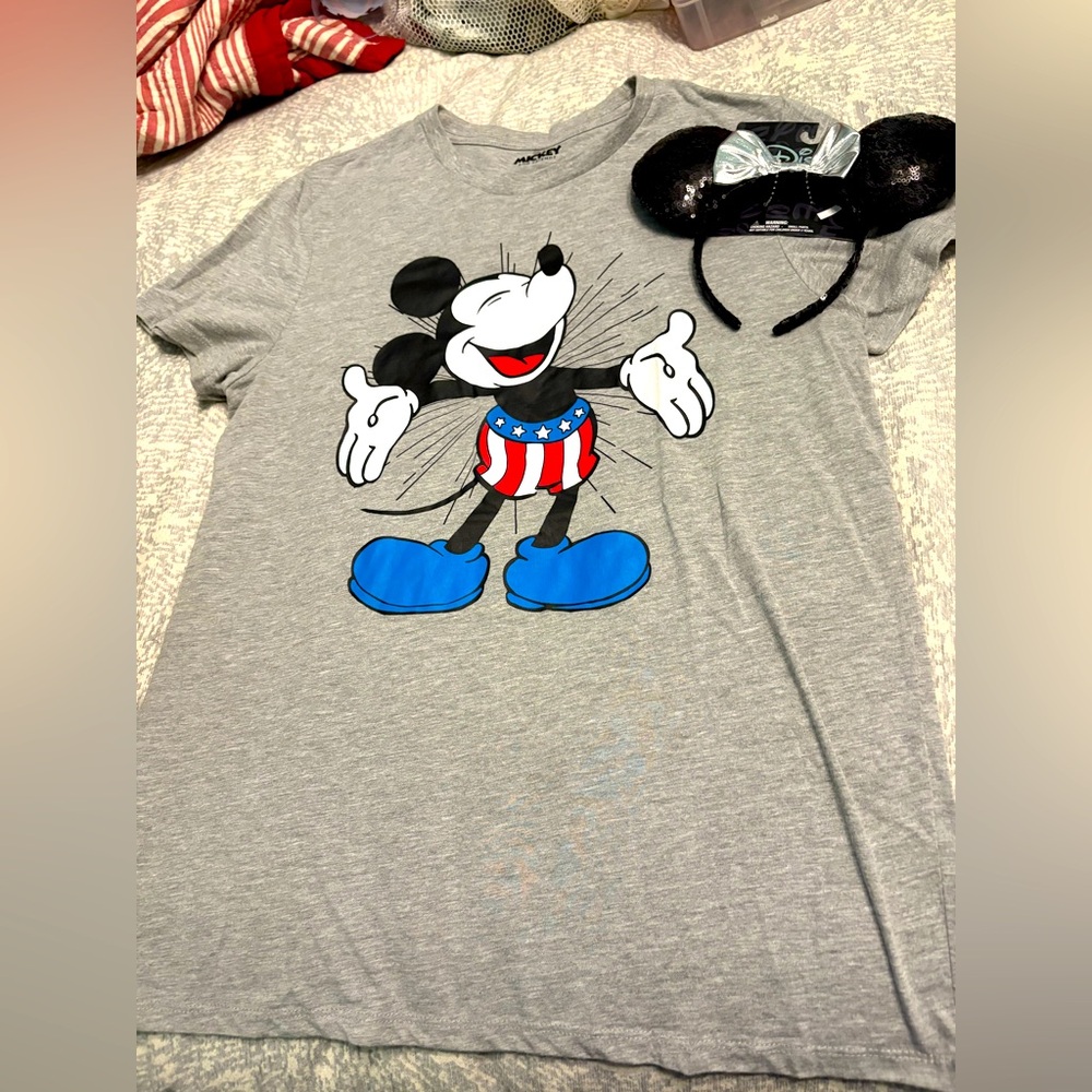NEW Walt Disney World large Americana Tee Mickey Mouse + Minnie sparkle ears
